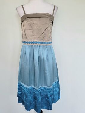 Vintage Silk Blend Sleeveless Blue & Taupe Fit N Flare Y2K Dress Size 8-10 EU 40